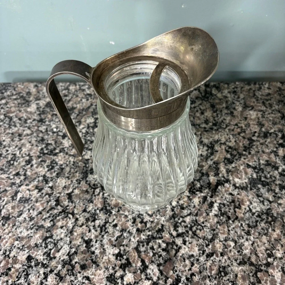 Vintage 1930s Ribbed Glass Pitcher Silver Plated Ice Lip Carafe Made in Italy